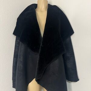G.E.T. Black Shearling Draped Open Front Coat XS | Faux Suede Fur Collar Jacket